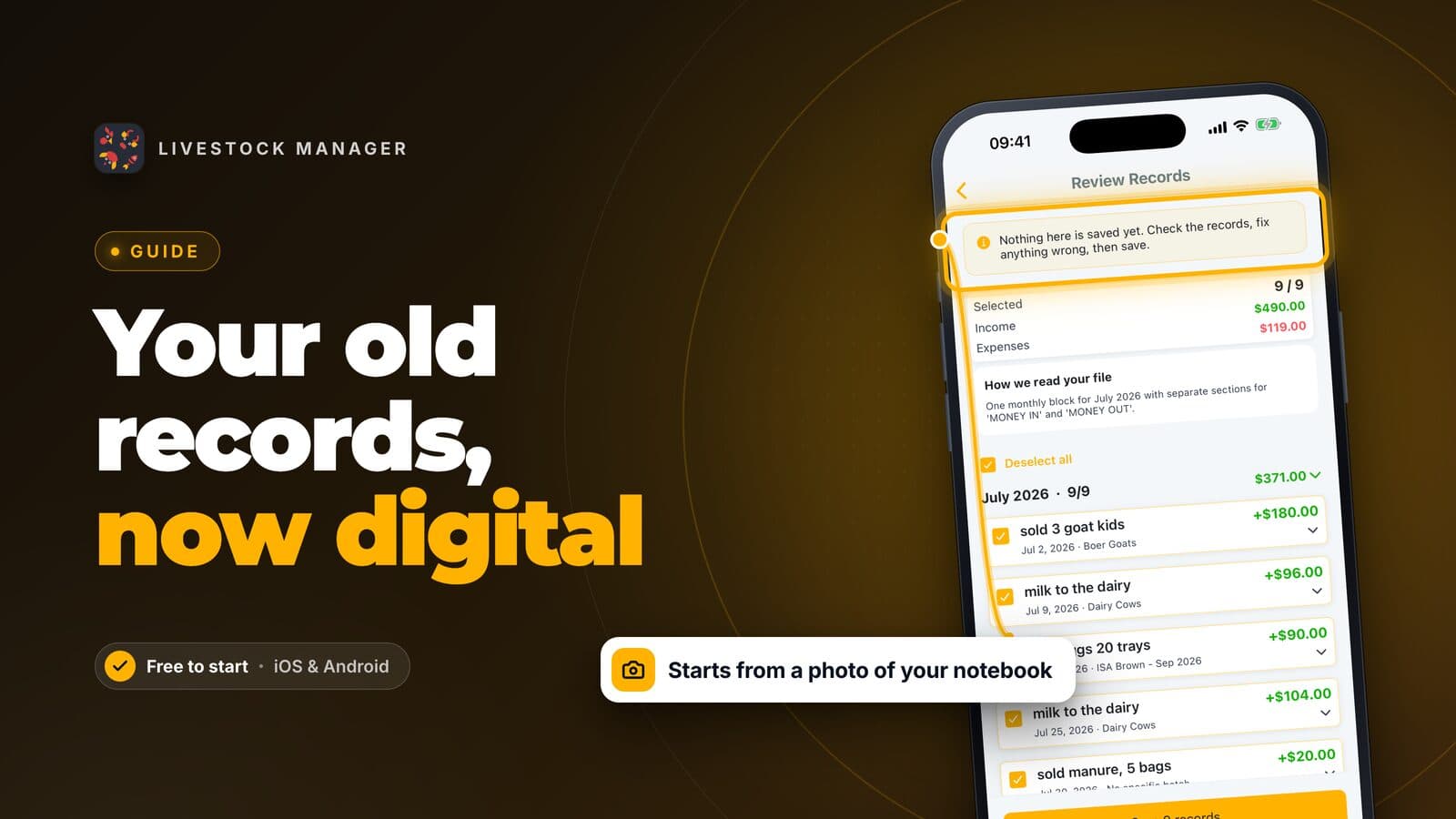 Livestock Manager cover reading 'Your old records, now digital', with the app's import review screen showing nine records ready to save