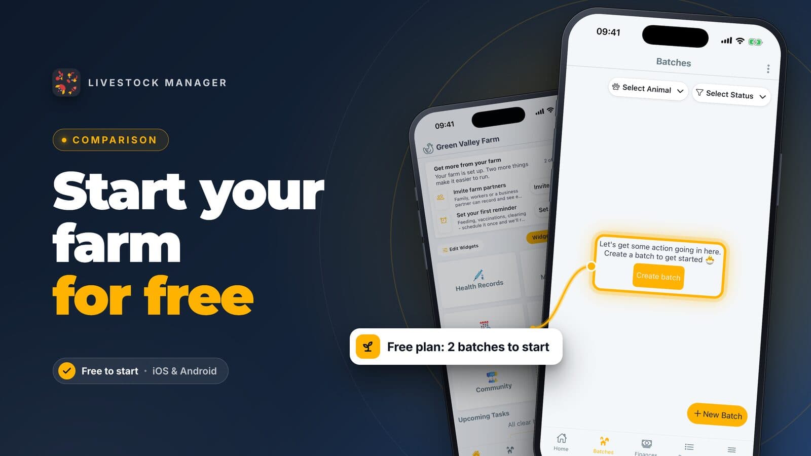Livestock Manager cover reading 'Start your farm for free', with the app's empty batch list and its Create batch prompt